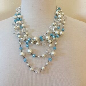 Blue White Faux Pearl Crystal Multi Strand Statement Necklace Silver Tone